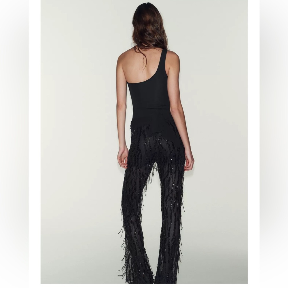 Asymmetric Fringe Bodysuit with sparkle Embellishments - Picture 3 of 11